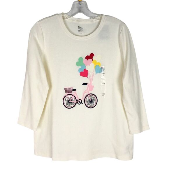 Kim Rogers Perfectly Soft 3/4 Sleeve Graphic Tee Ivory Size‎ P/M Bike - Picture 1 of 4